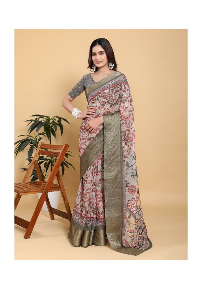 Malishka Export ساري كالمكاري مطبوع باللون البيج الأنيق للنساء - Image 1